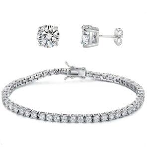 18K Rhodium-Plated Sterling Silver CZ Tennis Bracelet & 4 Prong Earring Set